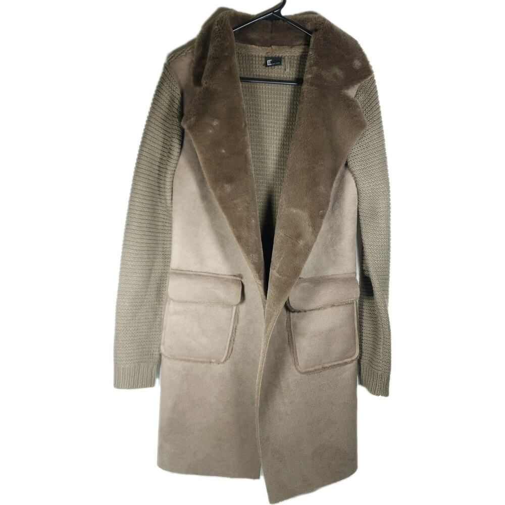 Love Token Women's Harlow S Brown Faux Fur Wide Collar Knit Trench Jacket Coat